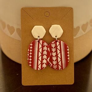 Red & White Geometric Print Clay Earrings